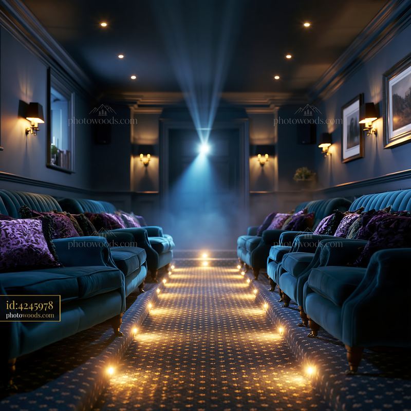 Basement Cinema With Blue Velvet Seating and Illuminated Pathway