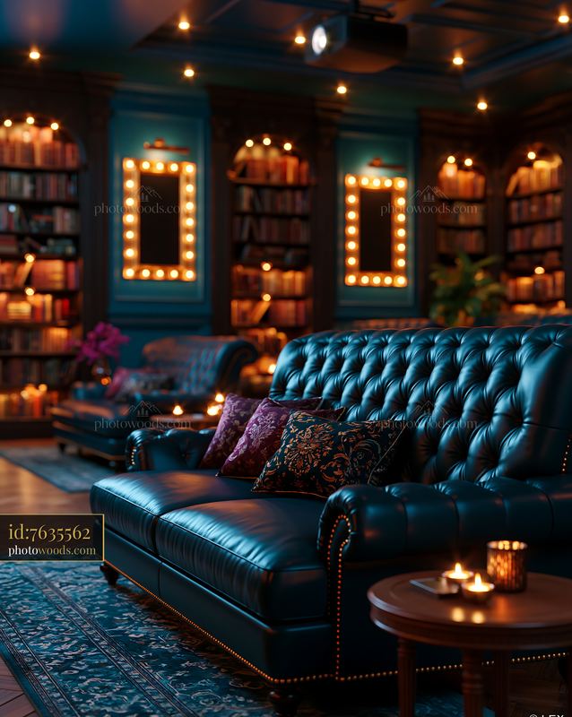 Basement Cinema With Bookshelves and Leather Seating at Night