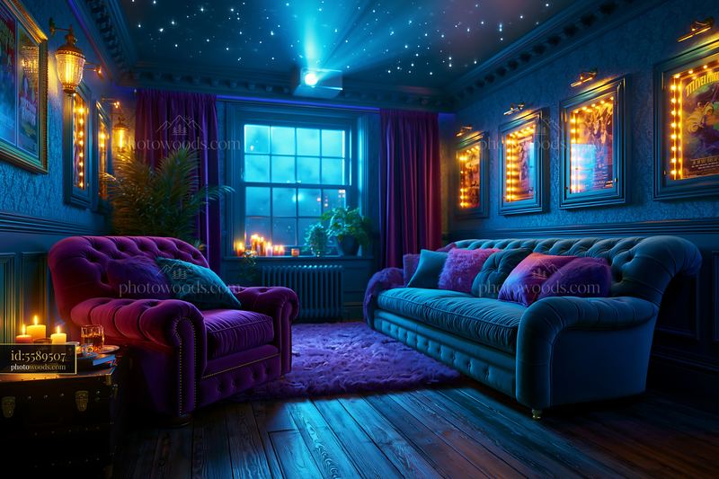 Basement Screening Room With Cozy Seating and Starry Decor