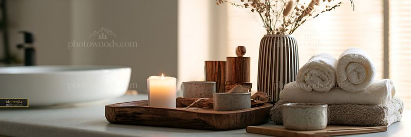Bath accessories, glowing candle and rolled towels on wooden tray