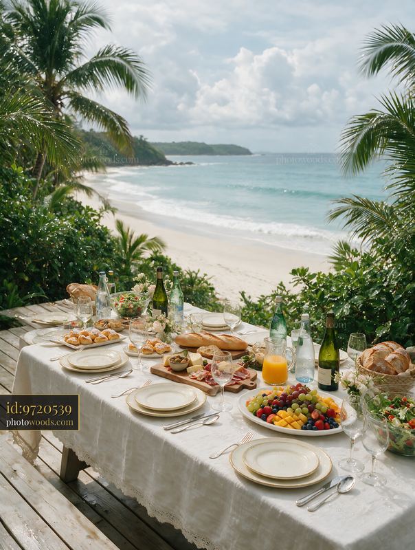 Beach picnic buffet with fruit, bread, salad, drinks, and tableware overlooking a tropical beach.