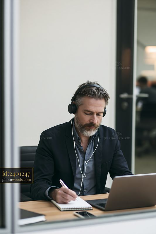 Businessman Taking Notes at Laptop in Minimalist Office