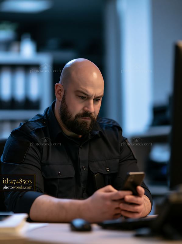Bearded employee using smartphone at a desk