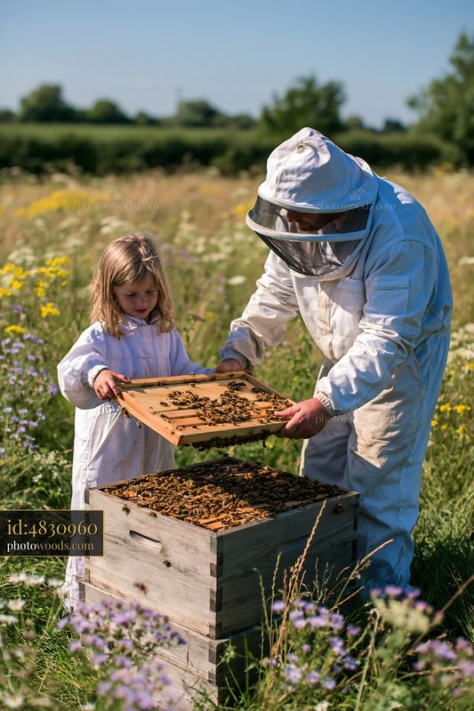 Beekeeper and child inspecting a bee hive in a sunny meadow