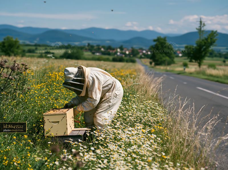 Beekeeper tending a hive beside a wildflower-lined country road