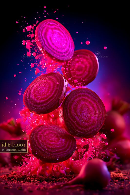 Beetroot Slices Suspended Above Vibrant Pink Splashes