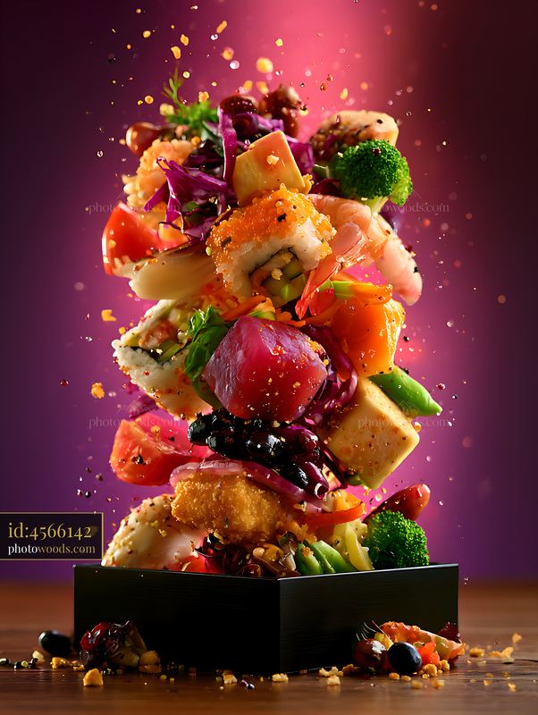 Bento Box Stack With Assorted Sushi and Vegetables on Dark Background