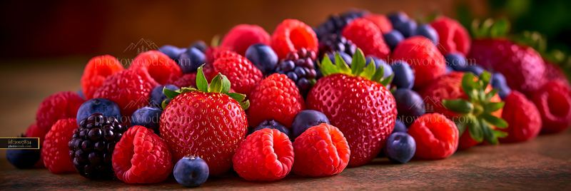 Berry Harvest of Raspberries, Blueberries, Blackberries in Summer