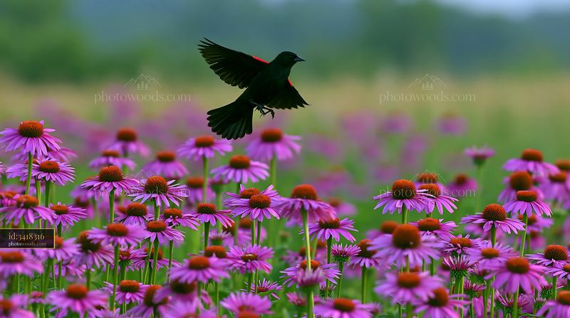 Black bird flying above a field of purple coneflowers