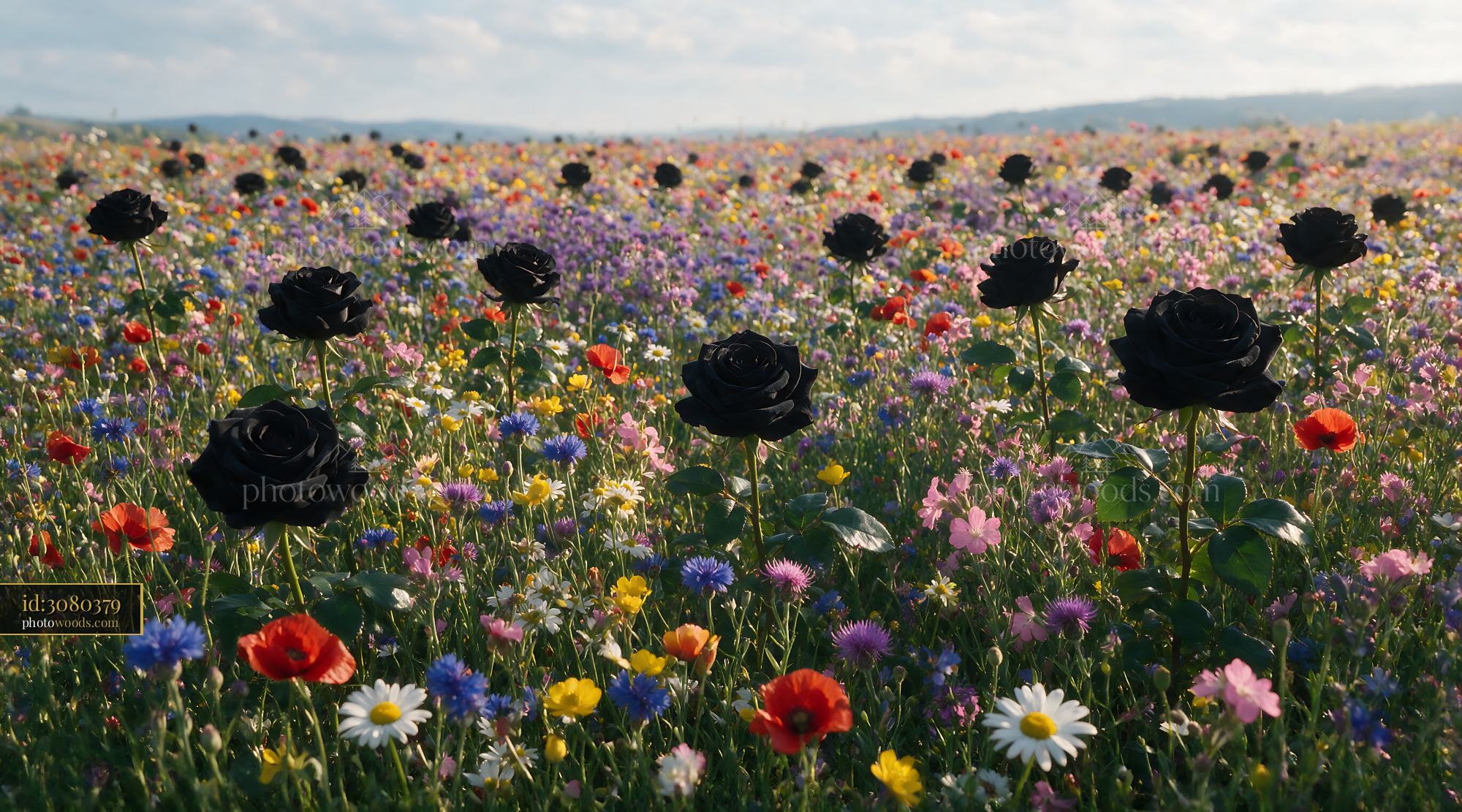 Black Rose Flowers Blooming in a Colorful Wildflower Meadow