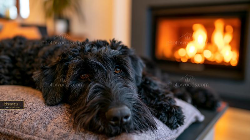Black shaggy dog relaxing beside a glowing fireplace