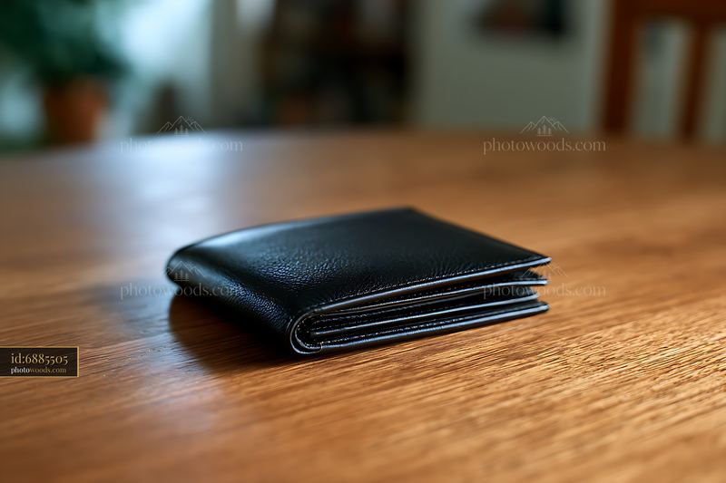 Black Wallet Resting on Wooden Table in Indoor Setting