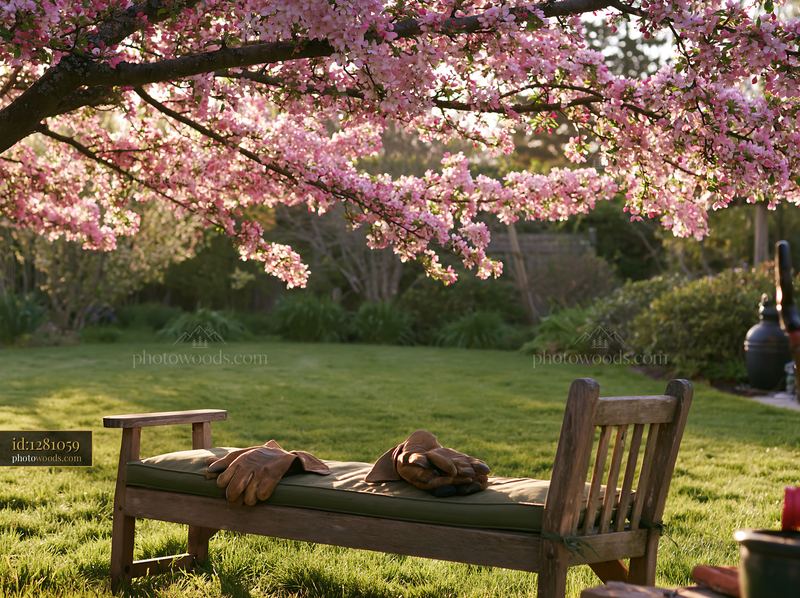 Blooming trees in a sunny backyard with a garden bench