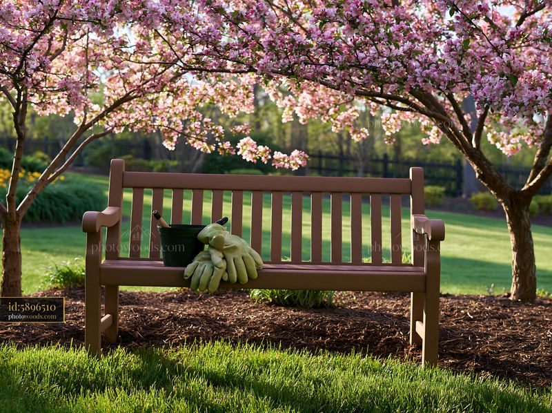 Blooming trees in a sunny backyard with garden bench and tools