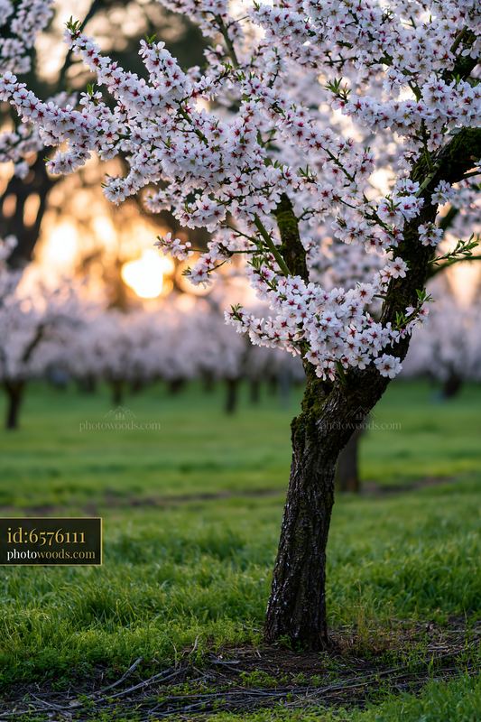 Spring blossoms in an orchard at sunset