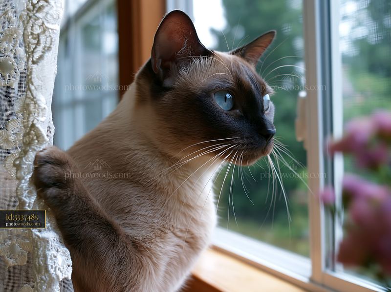 Tonkinese cat portrait by a bright window