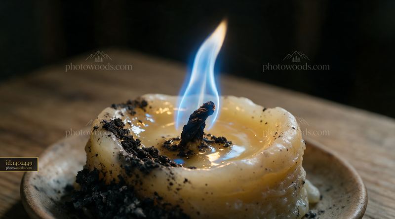 Blue flame on a melted candle in a shallow dish