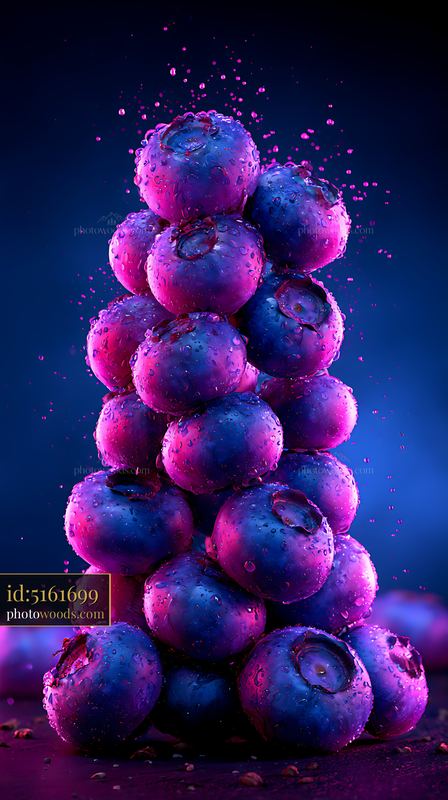 Blueberries Stacked in a Colorful Display With Water Droplets