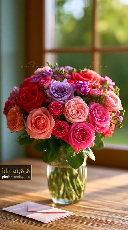 Bouquet of Various Roses in a Glass Vase on a Wooden Table