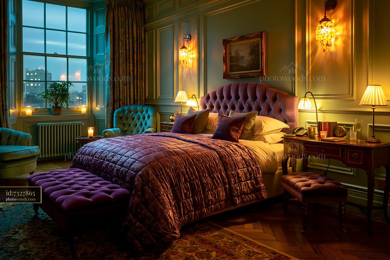 Boutique Hotel Bedroom With Purple Decor, Warm Lighting, and City View