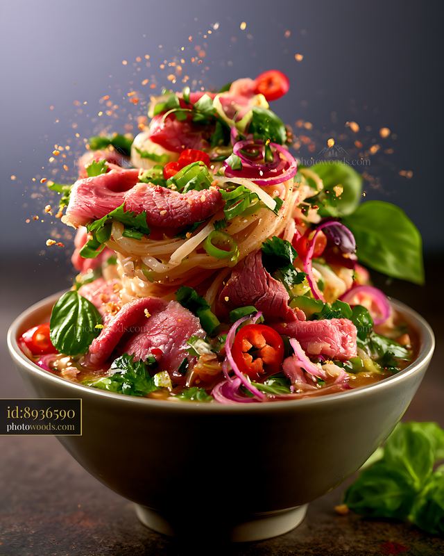 Bowl of Pho With Herbs Beef Slices and Noodles on a Dark Background