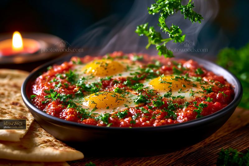 Bowl of Shakshuka With Eggs and Herbs Served With Warm Flatbread