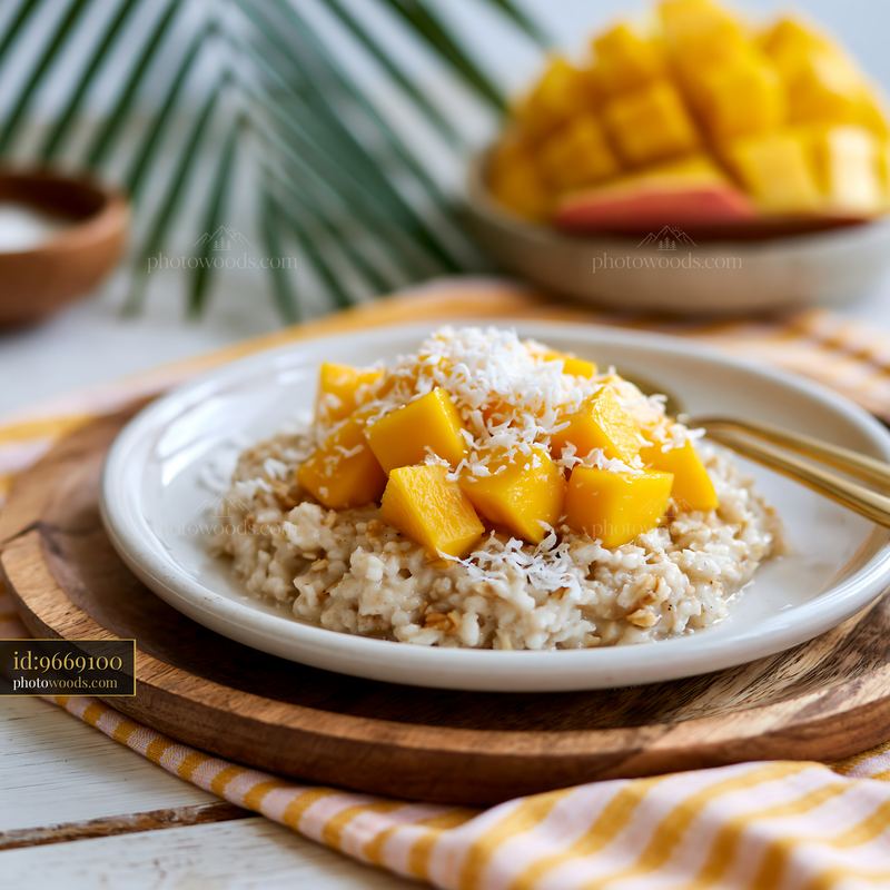 Breakfast plate with muesli topped with fresh mango and coconut