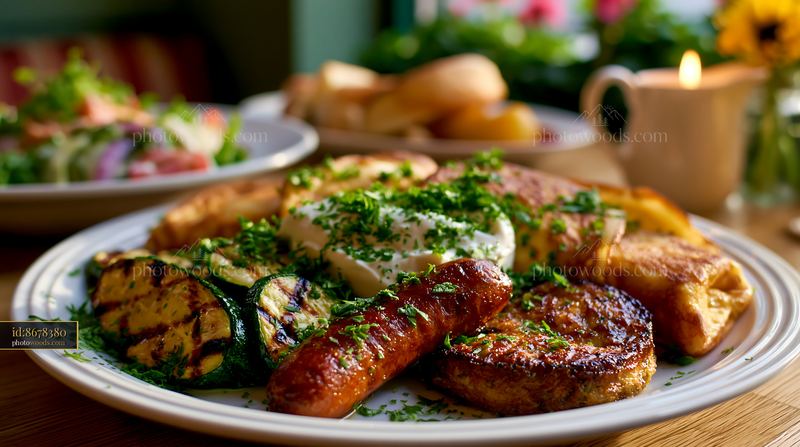 Breakfast plate with sausage, grilled vegetables, and bread