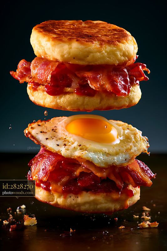 Breakfast Sandwich With Fried Egg and Bacon Layers