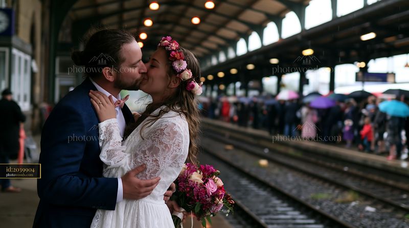 Bride and groom kissing beside a rainy railway platform