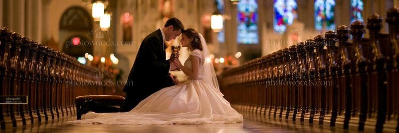 Bride and groom sharing a communion cup in a church