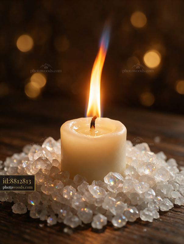 Candle Flame Macro with Crystals and Warm Bokeh