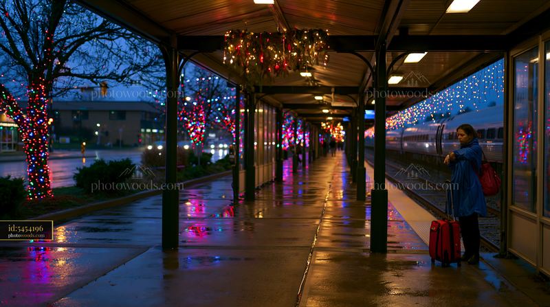Christmas lights shine on wet pavement at a train station