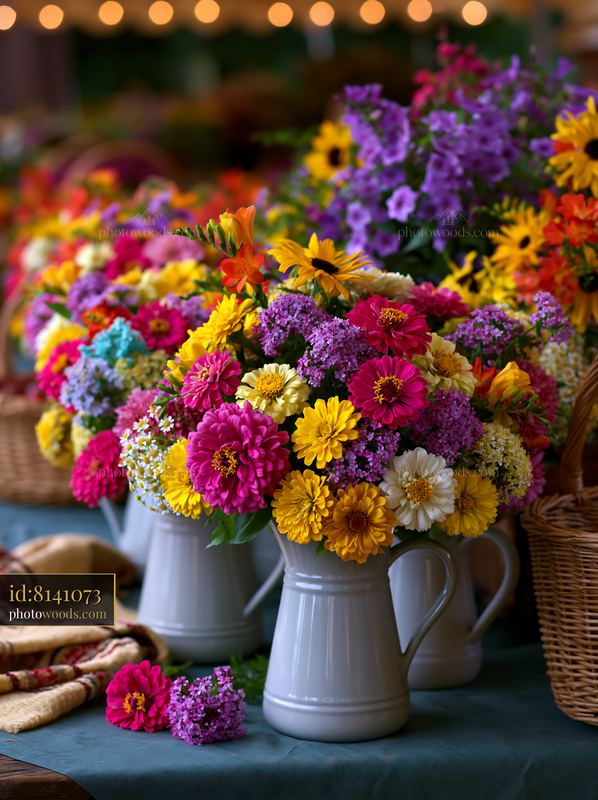 Bright flowers in ceramic pitchers at an outdoor market