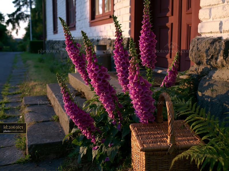 Foxglove flowers bloom near a cottage entrance