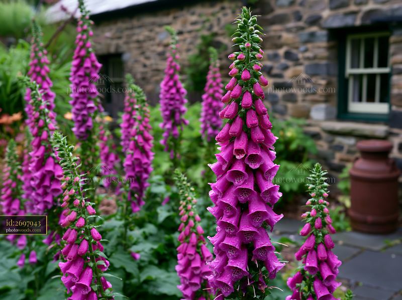 Foxglove flowers bloom beside a stone cottage in a garden