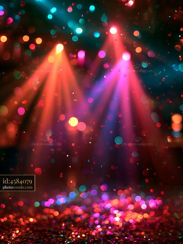 Colorful lights shine on a dance floor with sparkling reflections