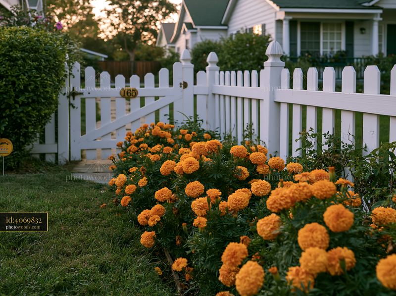 Marigold flower bed beside a white picket fence in a residential area