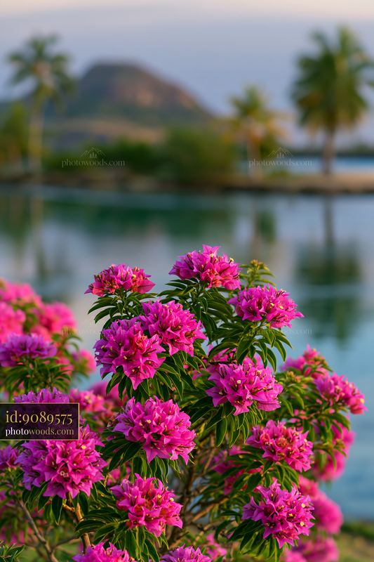 Island with flowers in a tropical lagoon at sunset