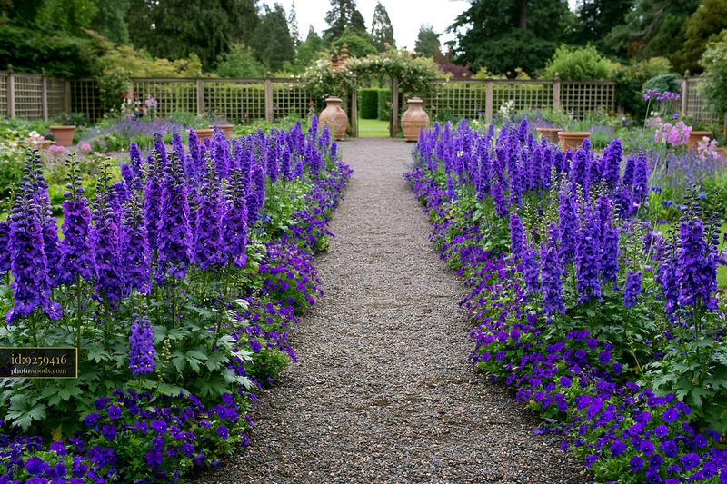 Beautiful delphinium flower border in garden setting
