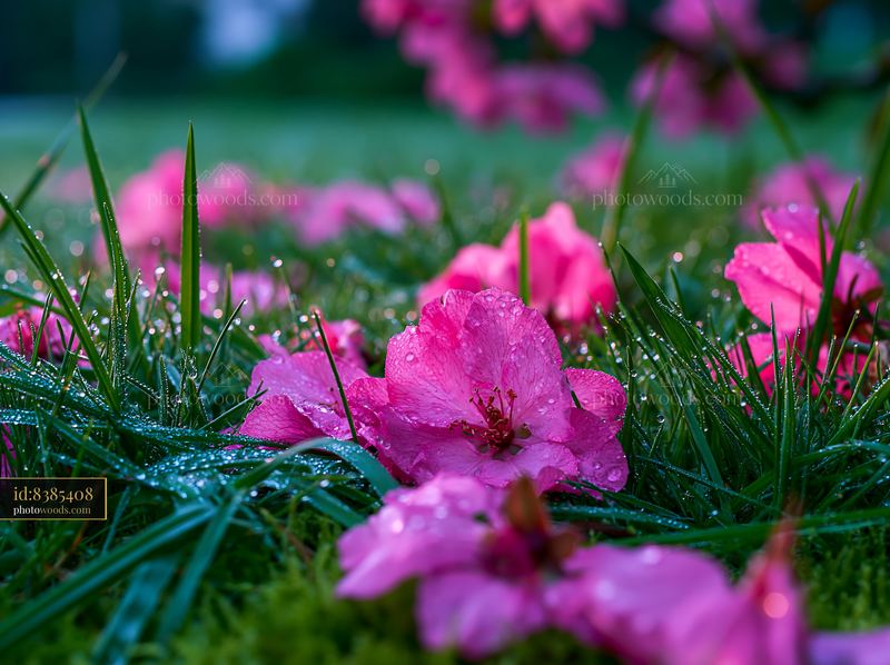 Spring trees with fallen petals on grass in a garden setting