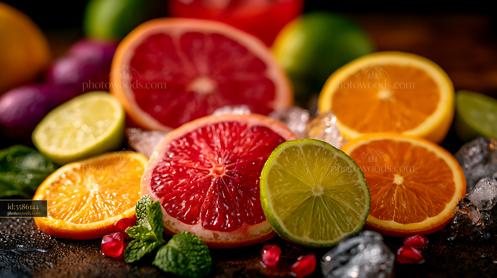 Brightly colored slices of grapefruit, orange, lime, and lemon rest on a dark surface surrounded by fresh mint and ice.