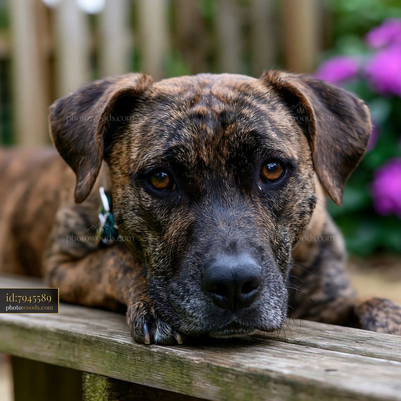 Brindle dog resting on a weathered wooden bench