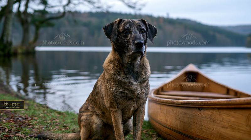Brindle dog sitting beside a wooden boat on a lakeshore