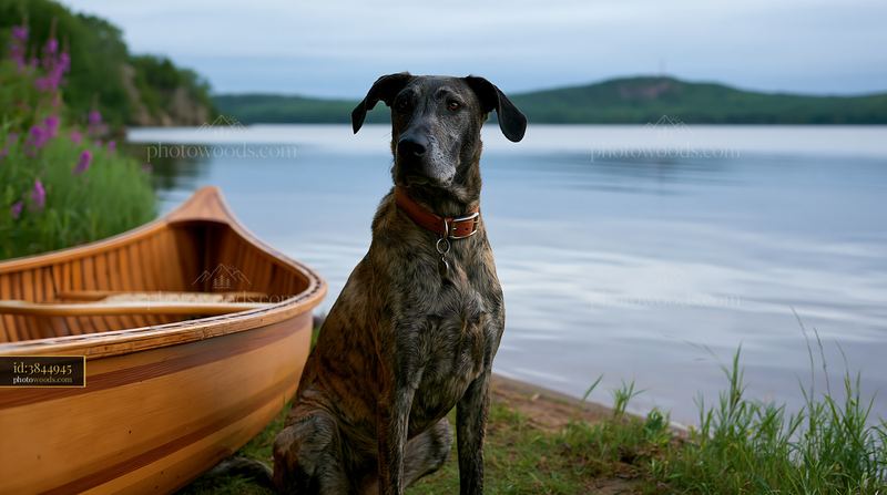 Brindle dog sitting beside a wooden canoe by a lake