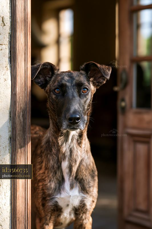 Brindle-coated dog standing in a rustic doorway