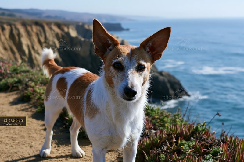 Brown and white dog on a coastal cliff path