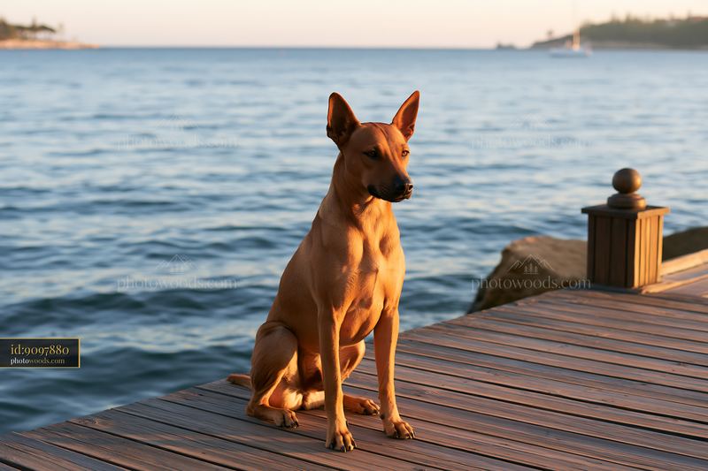 Brown dog sitting on a wooden seaside dock