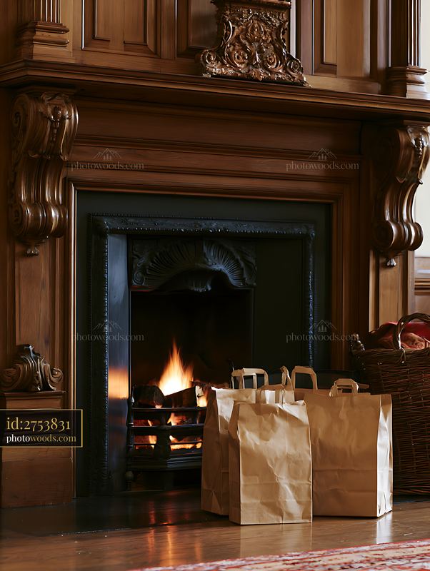 Holiday shopping bags beside fireplace in cozy interior setting