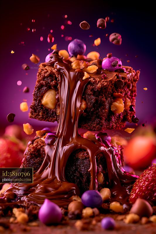 Brownie With Molten Chocolate and Toppings on Rustic Table
